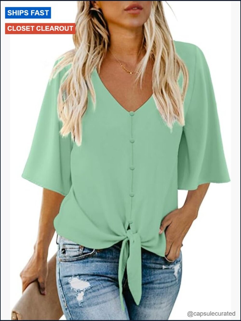 Chiffon Batwing Sleeve V-Neck Tie Front Blouse Top